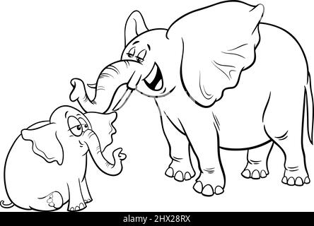 Illustrazione di cartoni animati in bianco e nero del carattere animale dell'elefante del bambino carino con la sua pagina del libro di colorazione della madre Illustrazione Vettoriale