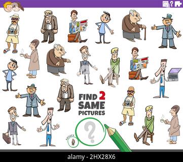 Illustrazione cartoon di trovare due stesse immagini gioco educativo con personaggi cartoon Illustrazione Vettoriale