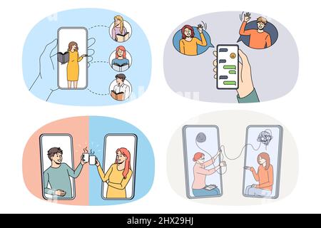 Un gruppo di persone diverse utilizza gli smartphone per comunicare su Internet utilizzando le app per cellulari. Collezione di uomini e donne tenere cellulare talk messaggio online in gadget. Tecnologia. Illustrazione vettoriale. Illustrazione Vettoriale