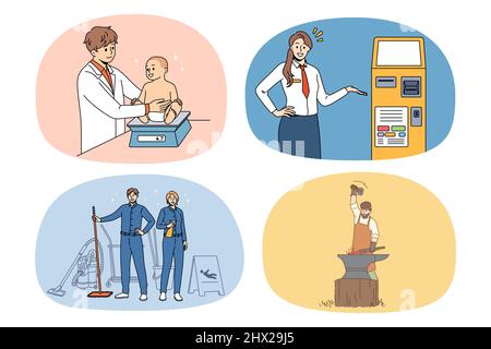 Insieme di uomini e donne diversi hanno diversi posti di lavoro e professioni. Raccolta di professioni e carriere. Pediatra, banchiere, cameriere e fabbro. Illustrazione vettoriale. Illustrazione Vettoriale