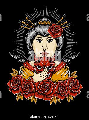 illustrazione geisha donna con fiore di rosa Illustrazione Vettoriale