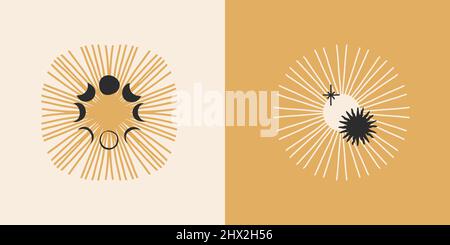 Disegno a mano vettore astratto stock disegno grafico piatto set con elemento logo, astrologia bohémien magico emblema minimalistico di sole mistico e luna Illustrazione Vettoriale