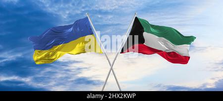 Due bandiere incrociate Kuwait e Ucraina che ondeggiano nel vento a cielo nuvoloso. Concetto di rapporto, dialogo, viaggiare tra due paesi. 3d illustrazione Foto Stock