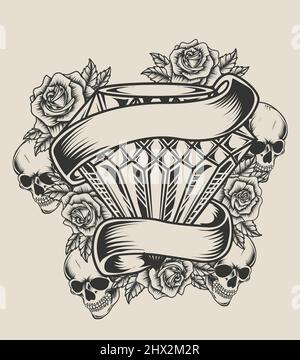 illustrazione del cranio diamante in stile bianco e nero rosa Illustrazione Vettoriale