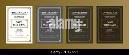 Modello di carta d'invito vettore d'epoca d'oro di lusso. Biglietto d'invito per matrimoni moderno Illustrazione Vettoriale