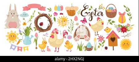 Grande collezione di Pasqua e primavera. Set isolato di fiori decorativi e animali.ideale per poster, carte, adesivi. Illustrazione Vettoriale