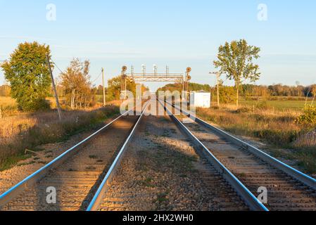 La ferrovia deserta si traccia nella campagna sotto il cielo limpido al tramonto in autunno Foto Stock