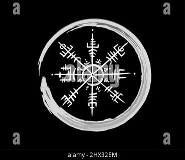 Bussola runica Vegvisir, disegno a matita bianco, disegno a mano dei simboli vichinghi, Norse Sacro, logo tatuaggio, simboli magici runge, segno vettoriale Illustrazione Vettoriale