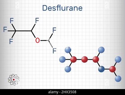 Molecola di desflurano. È composto di organofluorina, anestetico per inalazione. Formula chimica strutturale e modello molecolare. Foglio di carta in gabbia. Illustrazione Vettoriale