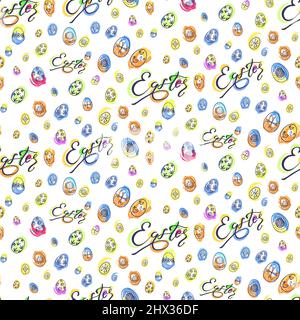 Modello pasquale con uova nere disegnate a mano su bianco. Uova decorative di pasqua con ornamenti e macchia acquerello. Design per stampa, carta da imballaggio, confezione Illustrazione Vettoriale