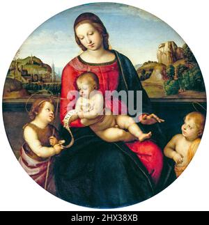 Raffaello, Madonna Terranuova, (Madonna col Bambino, San Giovanni e un Bambino), dipinto in olio su legno, 1504-1505 Foto Stock