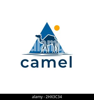 Cammelli nel deserto passando attraverso l'illustrazione del logo delle piramidi Illustrazione Vettoriale