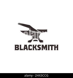 Black smith Iron Anvil Forge Foundry vintage logo silhouette vettoriale, sfondo nero Illustrazione Vettoriale