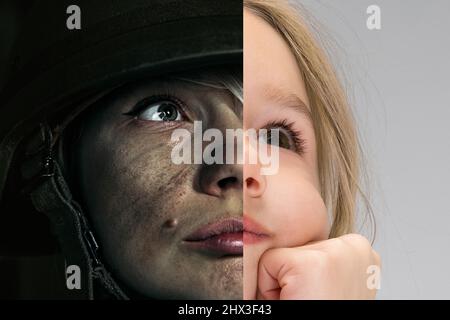 Immagine composita. Ritratti a mezza faccia di giovane donna in uniforme militare e bambina, bambino. Pregare per la pace in Ucraina Foto Stock