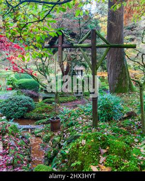 Vista autunnale di una cornice in legno di stile tradizionale per innalzare l'acqua nel giardino giapponese a Tatton Park vicino Knustford, Cheshire Foto Stock