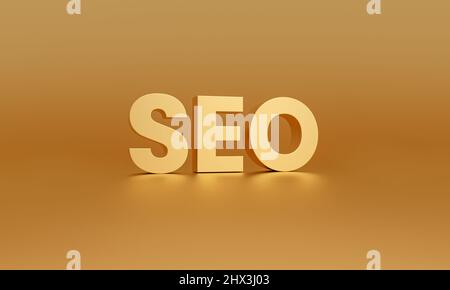SEO, ottimizzazione dei motori di ricerca su sfondo dorato. Strategia web concetto. 3d rendering. Foto Stock