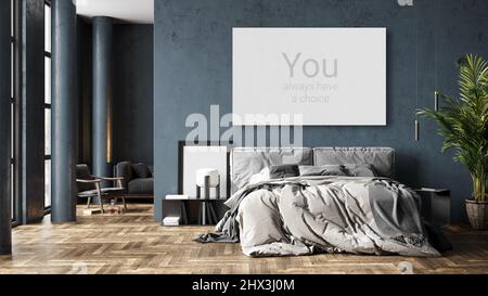 Telaio poster in stile scandinavo, camera da letto, boho, 3D rendering, illustrazione 3D Foto Stock