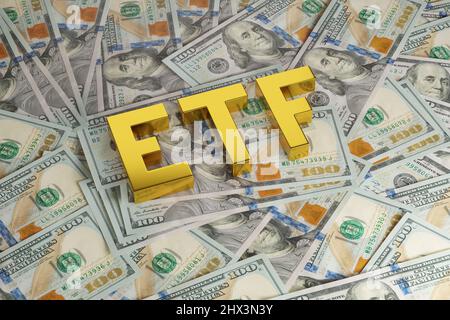 Parola solida ETF sulle fatture del dollaro. 3d illustrazione. Foto Stock