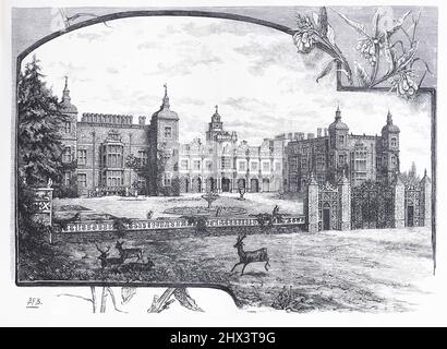 Il fronte di Hatfield House, Hatfield; Hertfordhsire, Inghilterra nel 19th secolo; illustrazione bianca e nera; Foto Stock