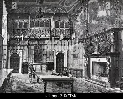 The Dining Room, Hatfield House, Hertfordshire, nel 19th secolo; illustrazione in bianco e nero; Foto Stock