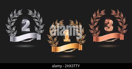 Concorso premi emblemi Set realistico con argento dorato e bronzo su sfondo nero isolato vettore illustrazione Illustrazione Vettoriale