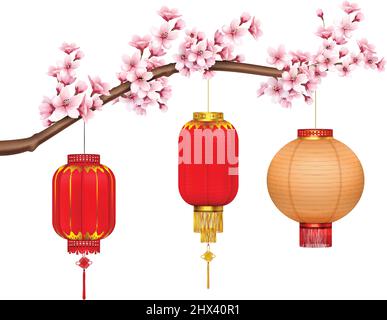 Lanterne cinesi rosse e dorate con frange d'oro e pennelli appesi al ramo sakura illustrazione vettoriale realistica Illustrazione Vettoriale