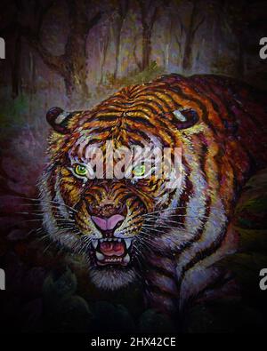 Pittura ad olio d'arte colore d'arte bella tigre di carino in Thailandia , panthera tigris , tigre bengala Foto Stock