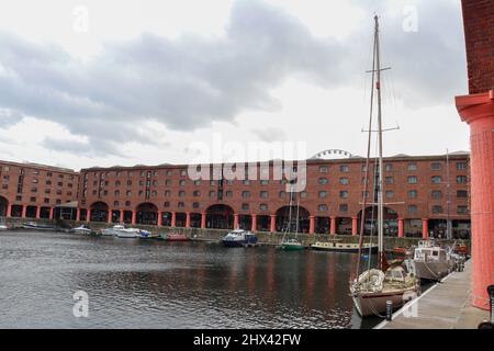 Navi a vela con l'albero alto ormeggiato al Royal Albert Dock, Liverpool Foto Stock