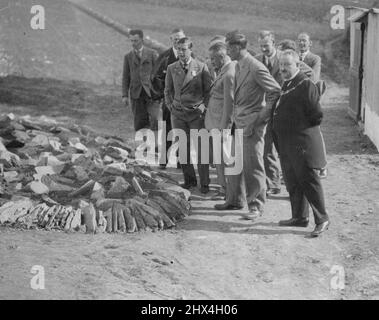 Il Principe in Cornovaglia. Foto mostra:- il Principe di Galles facendo un tour dei giardini e discutendo punti con alcuni degli uomini. Il sindaco di Liskeard è anche nella foto. (indossando la sua catena d'ufficio). Il Principe di Galles ieri sera ha visitato Liskeard, Cornovaglia. Tra i luoghi in cui era particolarmente interessato c'era il mercato Giardini regime per i disoccupati. Maggio 26, 1933. (Foto di Topical Press). Foto Stock