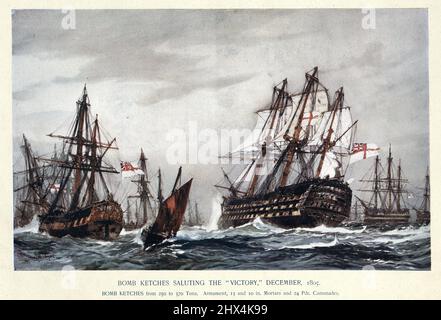 Bomba ketches saluta HMS Victory dopo la battaglia di Trafalgar, navi da guerra Royal Navy, inizio 19th secolo Foto Stock