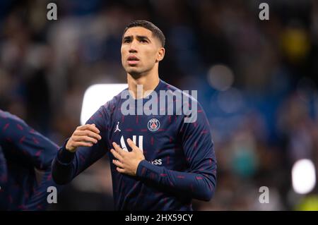 Stadio Santiago Bernabeu. 9th Mar 2022. Madrid; Spagna; Champions League; Round of 16; Real Madrid versus PSG Paris Saint Germain; Achraf Hakimi (PSG) Credit: Action Plus Sports/Alamy Live News Foto Stock