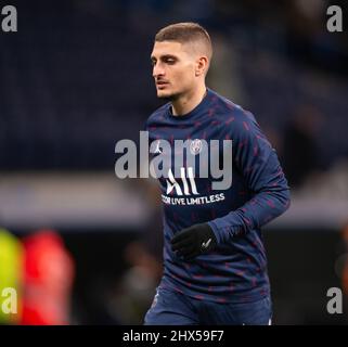 Stadio Santiago Bernabeu. 9th Mar 2022. Madrid; Spagna; Champions League; Round of 16; Real Madrid versus PSG Paris Saint Germain; Marco Verratti (PSG) Credit: Action Plus Sports/Alamy Live News Foto Stock