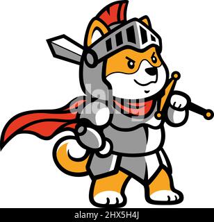 Cute Shiba Inu cane indossare Cavaliere Armor Holding a Sword Illustrazione Vettoriale