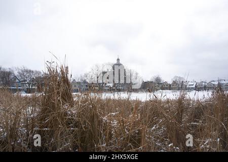 Vista invernale della Basilica di San Josaphat e delle case da Kosciuszko Park, Milwaukee, Wisconsin. Foto Stock