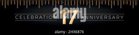 17th° anniversario. Diciassette anni celebrazione compleanno striscione orizzontale con colore dorato brillante. Illustrazione Vettoriale