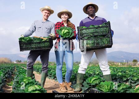 Uomini e donne contadini professionisti sorridenti che posano su una piantagione Foto Stock