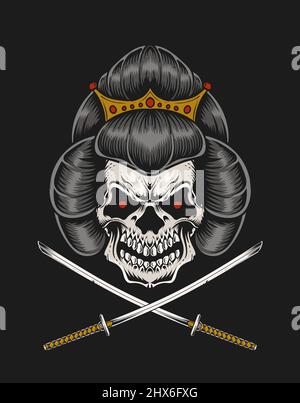 illustrazione testa cranica geisha con due spada katana Illustrazione Vettoriale