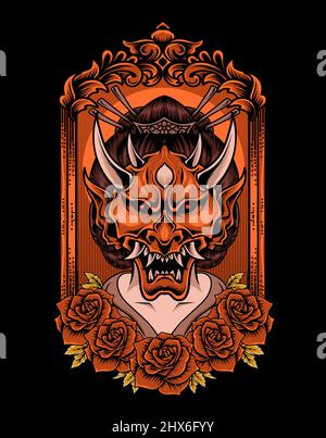 illustrazione geisha indossando una maschera di oni Illustrazione Vettoriale