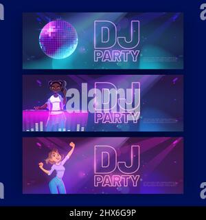 DJ party banner con discoteca ball, ragazza danza e mixer console. Vector invito volantini a nightclub, club musicale, discoteca con cartoon illustrazione di donna dj con cuffie in luce al neon Illustrazione Vettoriale