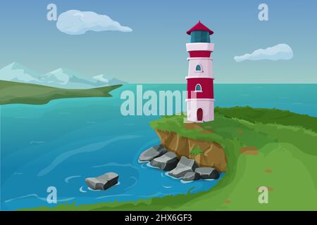 Faro in piedi su una scogliera, scena estiva, paesaggio con oceano, rocce e montagne in stile cartoon isolato su sfondo bianco. . Illustrazione vettoriale Illustrazione Vettoriale