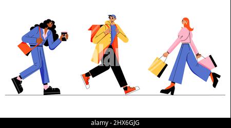 Persone diverse camminano isolato su sfondo bianco. Vettore flat illustrazione di businesswoman con il caffè andare al lavoro, uomo di consegna portare zaino, ragazza con borse shopping Illustrazione Vettoriale