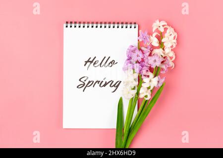 Bouquet di fiori primaverili di giacinti lilla, testo Ciao primavera su sfondo rosa Vista dall'alto piatto Lay Holiday card Ciao primavera concetto Foto Stock