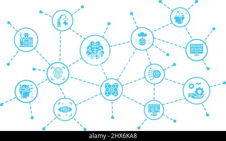 Infografica aziendale sull'intelligenza artificiale con icone sottili. Modello di progettazione per robotica, chatbot, database, illustrazione Big Data Illustrazione Vettoriale