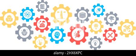 Concetto di design di banner vettoriale creativo. Innovazione, startup, grafica, progetto, idea illustrazione in stile piatto con icone a linea sottile. Illustrazione Vettoriale