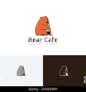 Grizzly Bear bere caffè cioccolato Cafe Shop Logo Template Illustrazione Vettoriale