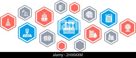 Concetto di banner dell'industria petrolifera. Carburante camion, Ingegnere, benzina, nave Cargo banner disegno vettoriale stile piatto. Illustrazione Vettoriale