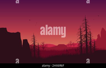 Vista realistica della montagna al tramonto dal bordo della scogliera con silhouette di pini secchi intorno. Illustrazione vettoriale di una città Illustrazione Vettoriale
