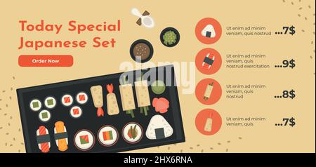 Set speciale giapponese di oggi, menu con prezzo web Illustrazione Vettoriale