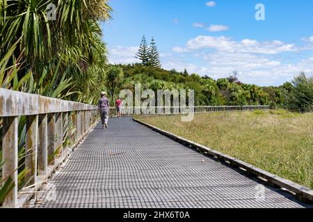 Tauranga Nuova Zelanda - Marzo 10 2022; persone in passerella attraverso la zona umida e bush nella Valle di Kopurererua, Tauranga. Foto Stock