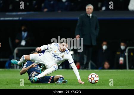 Fede Valverde del Real Madrid durante la UEFA Champions League, Round of 16, partita di calcio a 2nd stadi tra il Real Madrid e Parigi Saint-Germain il 9 marzo 2022 allo stadio Santiago Bernabeu di Madrid, Spagna - Foto: Oscar Barroso/DPPI/LiveMedia Foto Stock